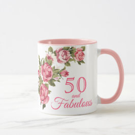 Taza 50 y fabulosa floral rosa | 50.º regalo de cumplea