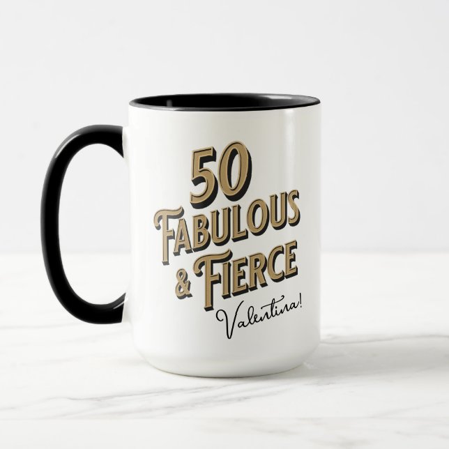 Taza 50 y fabuloso cumpleaños negro y oro (Izquierda)