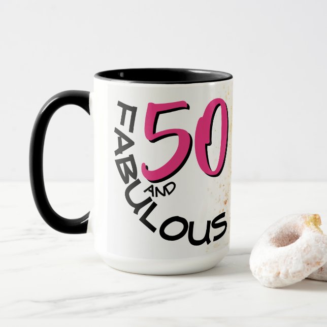 Taza 50 y fabuloso cumpleaños Textos Arte de Bicicleta  (Con donut)