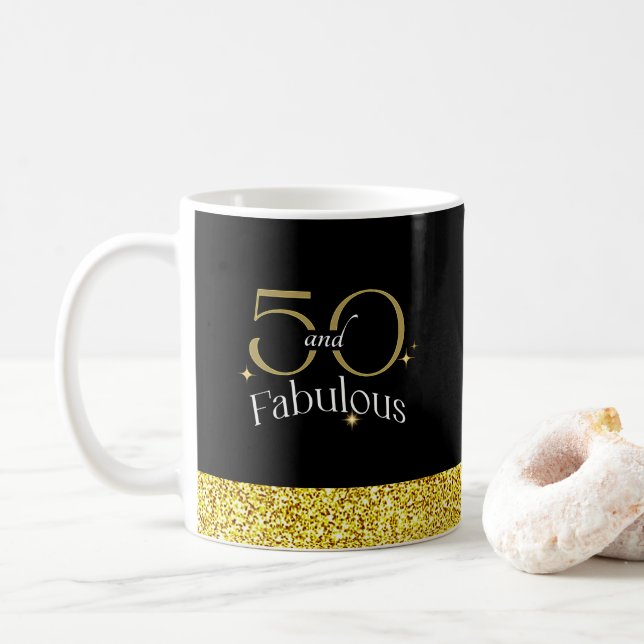 Taza 50 y Fabuloso Elegante Script Purpurina de Oro Neg (Con donut)