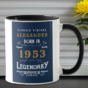 Taza 70 cumpleaños 1953 Añadir nombre oro azul vintage