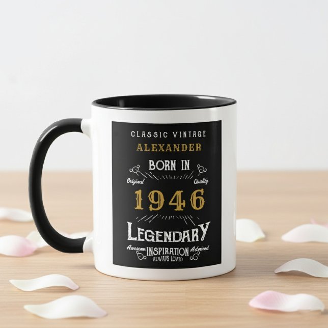 Taza 80th Birthday 1946 Legend Retro Black Personalized (Born 1946 birthday gift mug. White background, wood table.)