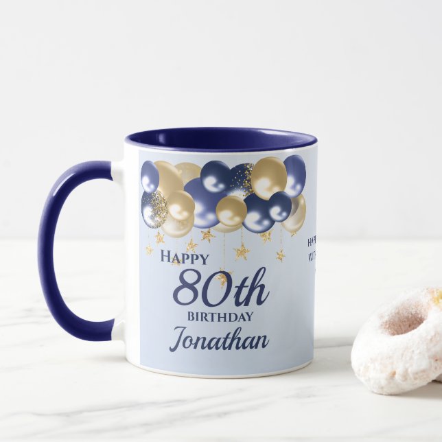 Taza 80th Birthday Navy Gold Balloons  (Con donut)