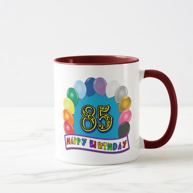 Taza 85o cumpleaños feliz con los globos (Derecha)