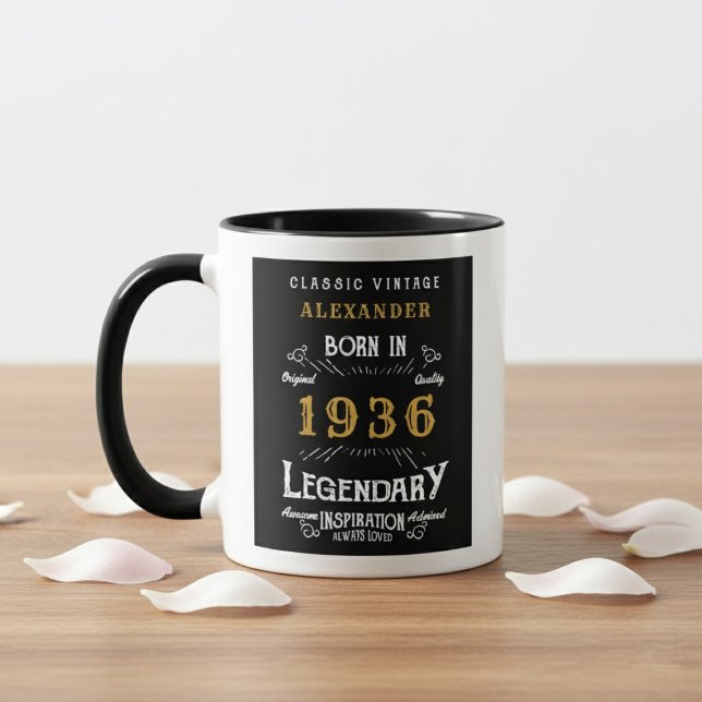 Taza 90th Birthday 1936 Legend Retro Black Personalized (Born 1936 birthday gift mug. White background wood table.)