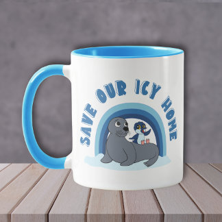 Taza A seal and a penguin "Save Our Icy World" cartoon