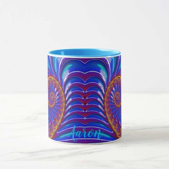 Taza AARON ~ GLOSSY 3D Zany Blue Yellow Fractal ~ Mug (Centro)