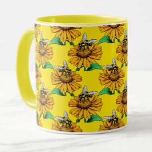 Taza Abeja en diseño de patrón de flor de girasol amari