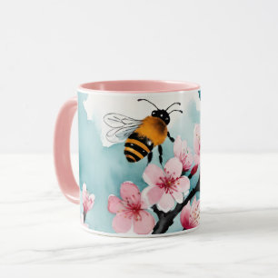 Taza Abejas y flores de cerezo rosado con cielo azul