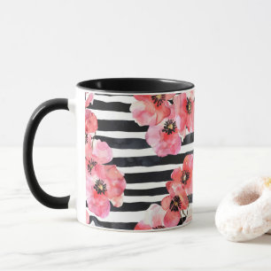 Taza Abstracto acuarela rosa Floral y rayas negras