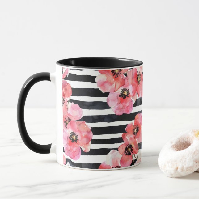 Taza Abstracto acuarela rosa Floral y rayas negras (Con donut)