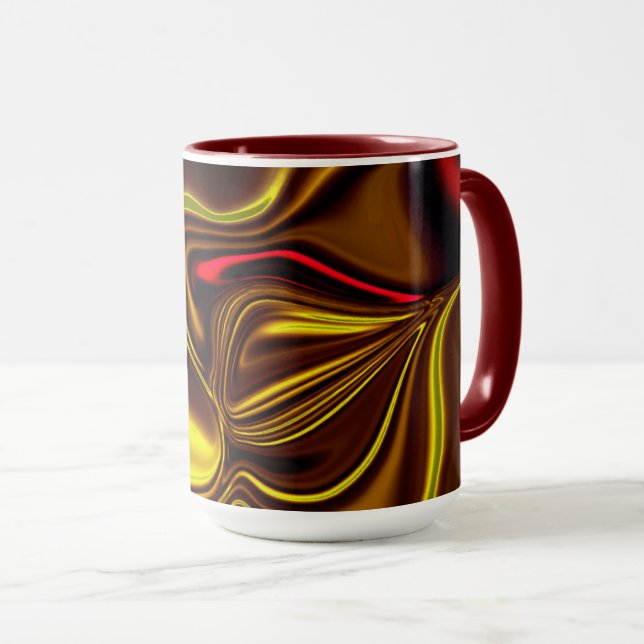 Taza Acos curvos rojos y dorados sobre fondo oscuro (Anverso derecho)