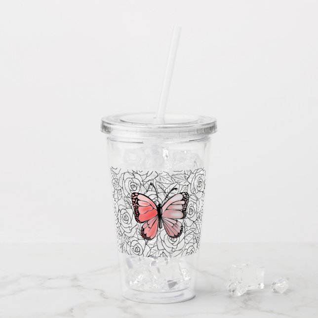 Taza Acrílica de Mariposa Rosas (Reverso (hielo))