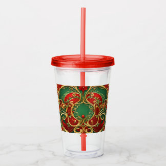 Taza Acrílica Navideña Floral Verde Rojo
