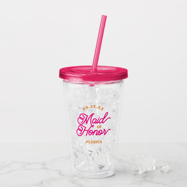 Taza Acrílica Rosa Moderna Letra Dama de Honor (Reverso (hielo))