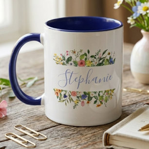 Taza Acuarela Azul Botánico de Flor Silvestre