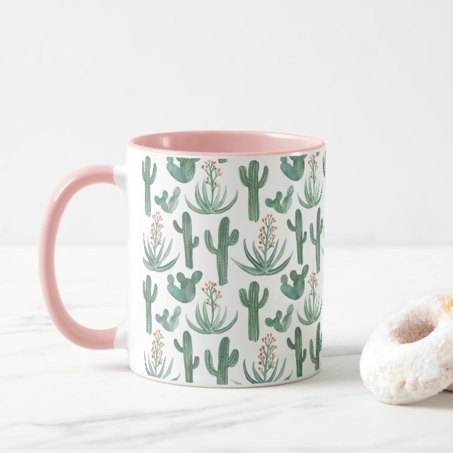 Taza Acuarela Cactus y Suculentos Patrón Desierto Rosa (Con donut)