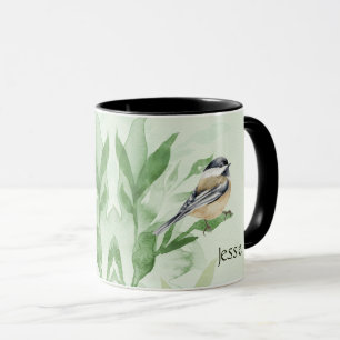 Taza Acuarela Chickadee Garden Nombre personalizado de