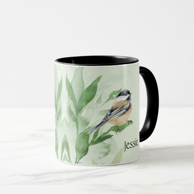 Taza Acuarela Chickadee Garden Nombre personalizado de  (Anverso derecho)