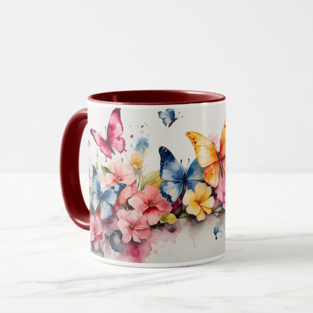 Taza Acuarela Cute Maroon Mariposa Flor Mug (Anverso izquierdo)