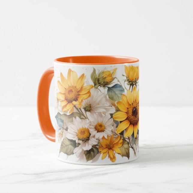 Taza Acuarela Cute Naranja Abejas de girasol Mug (Anverso izquierdo)