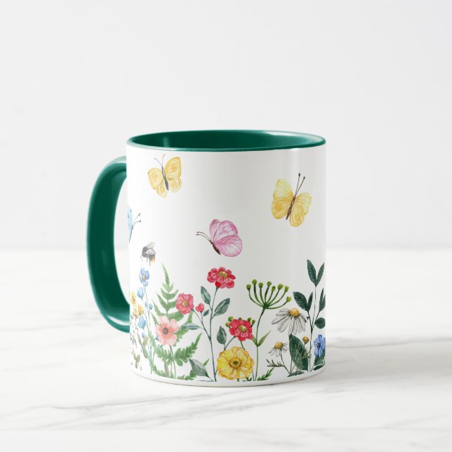 Taza Acuarela de Flor silvestre pradera con mariposas (Anverso izquierdo)