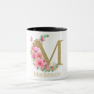 Taza Acuarela dorada y monograma floral letra M