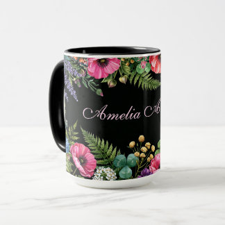 Taza Acuarela Flor Silvestre Negra con Nombre Personali
