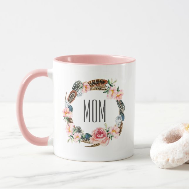 Taza Acuarela floral con el día de madre de las plumas (Con donut)