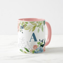 Taza Acuarela floral elegante marina monogramada