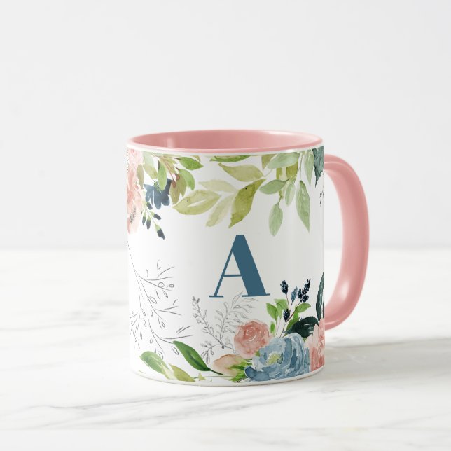 Taza Acuarela floral elegante marina monogramada (Anverso derecho)