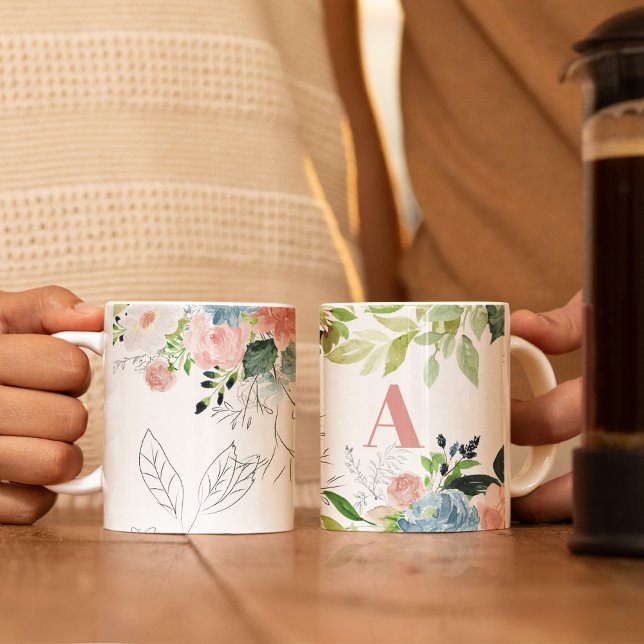 Taza Acuarela floral elegante rosa elegante monogramado (Subido por el creador)