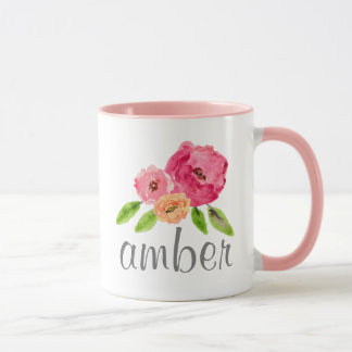 Taza Acuarela Floral Nombre personalizado Girly Monogra