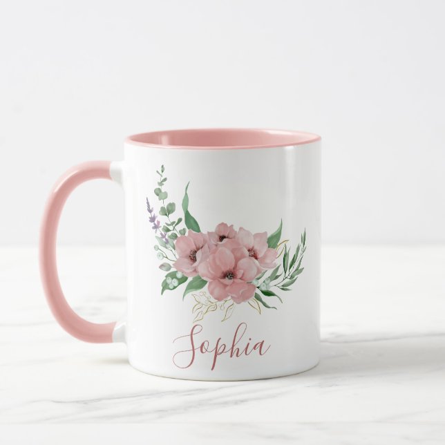 Taza Acuarela Flores rosadas Nombre Mug (Izquierda)