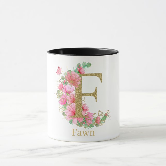 Taza Acuarela Gold y floral Monograma F (Centro)