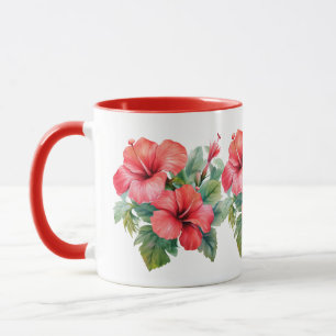 Taza Acuarela Hibisco Rojo Tropical Floral Verdor