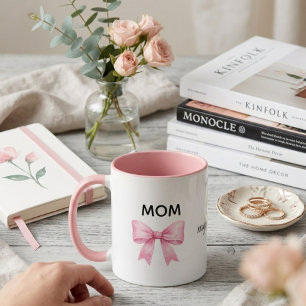 Taza acuarela, lazo rosa regalo del día de la madre, am