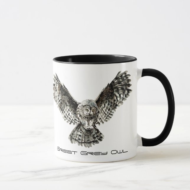 Taza Acuarela Lechuza Gris Grande, Ave Natural (Derecha)