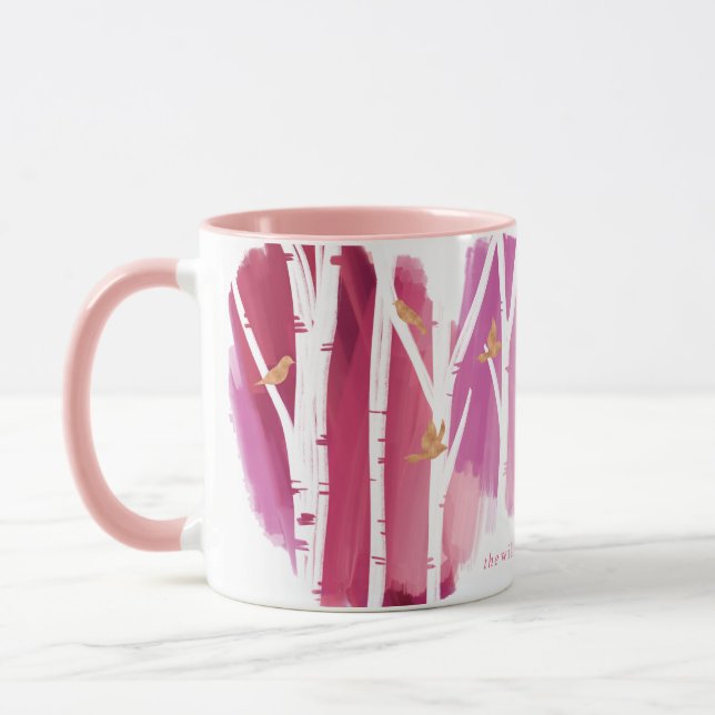 Taza Acuarela Magenta Lavar Árboles de aves y palomas d (Izquierda)