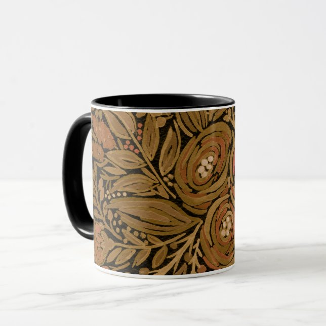 Taza acuarela marrón oscuro patrón floral negro, (Anverso izquierdo)