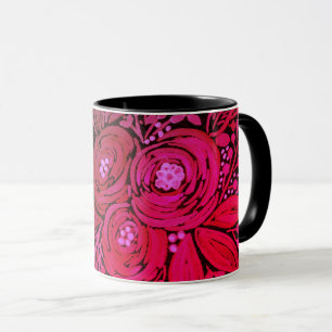 Taza acuarela marrón oscuro patrón floral negro,