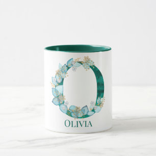 Taza Acuarela Monograma de Letra O en Verde Azul y Dora