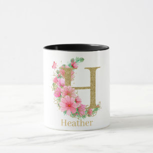 Taza Acuarela Monograma Floral y Dorado Letra H