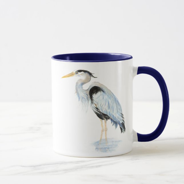 Taza acuarela original Gran ave azul de garza (Derecha)