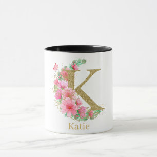 Taza Acuarela Oro y Monograma Floral Letra K