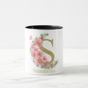 Taza Acuarela oro y monograma floral letra S