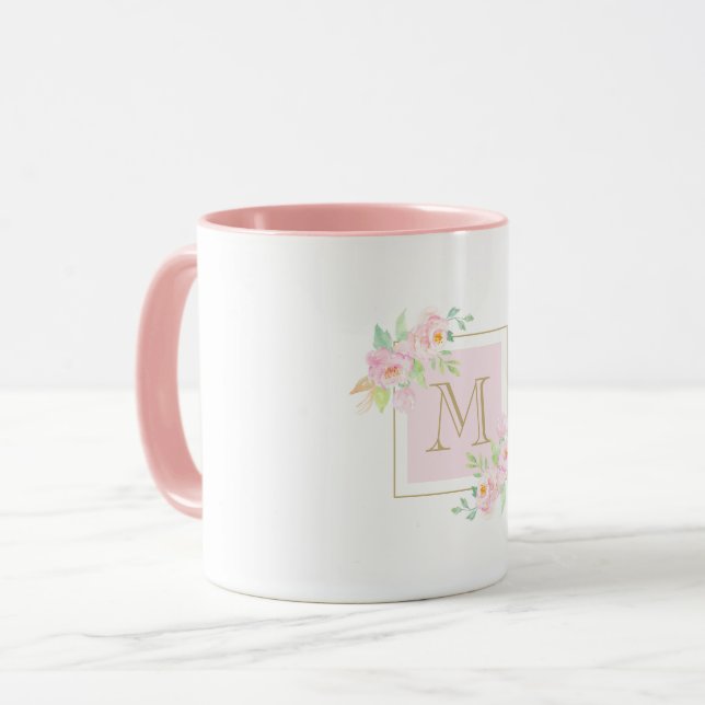 Taza Acuarela Personalizado floral rosa Monograma café  (Anverso izquierdo)
