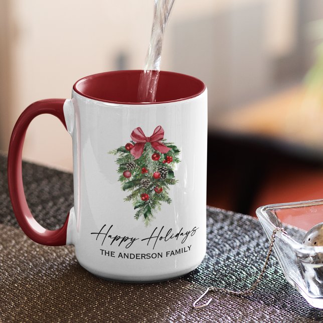 Taza Acuarela Pines Calligraphy Ink Holiday Grande (Customize to change your personalized text size or text style.)