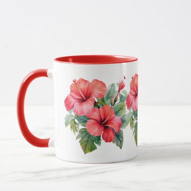 Taza Acuarela Rojo Hibiscus Floral Tropical (Izquierda)