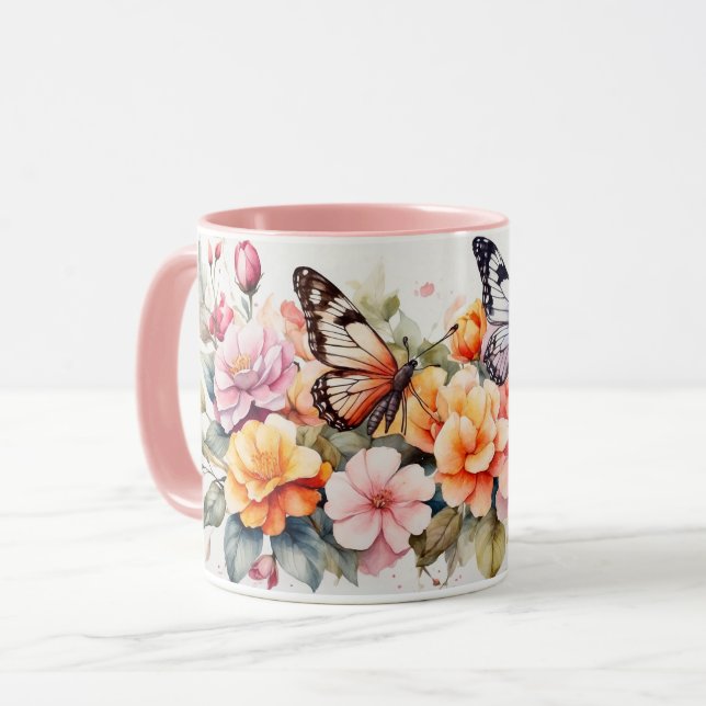 Taza Acuarela Romántica Elegante Flores de Mariposa Mug (Anverso izquierdo)